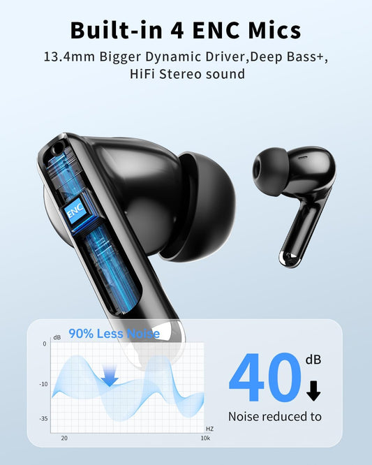 Wireless Earbuds, Bluetooth 5.4 Headphones with 50H Playback, Deep Bass Stereo Ear Buds Clear Calls with LED Power Display, IPX7 Waterproof (Black)