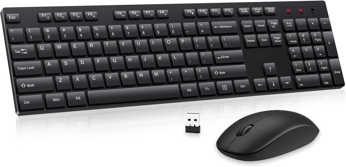 Wireless Keyboard and Mouse Combo, EDJO Silent Full Size Cordless USB Keyboard Mouse, 2.4GHz Lag-Free, Long Battery Life, for Computer (Black, 1 Pack)