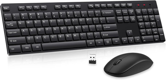 Wireless Keyboard and Mouse Combo, EDJO Silent Full Size Cordless USB Keyboard Mouse, 2.4GHz Lag-Free, Long Battery Life, for Computer (Black, 1 Pack)