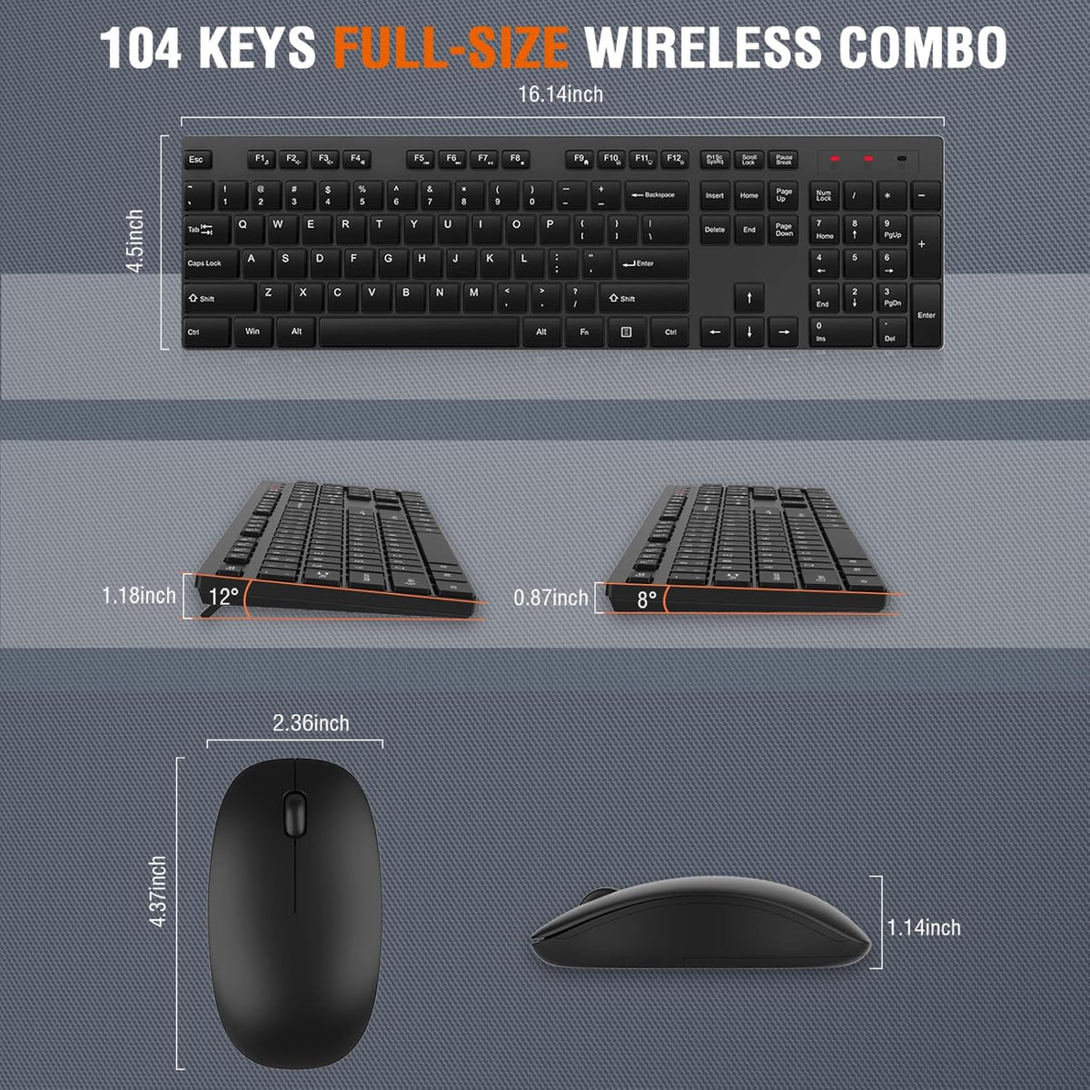 Wireless Keyboard and Mouse Combo, EDJO Silent Full Size Cordless USB Keyboard Mouse, 2.4GHz Lag-Free, Long Battery Life, for Computer (Black, 1 Pack)