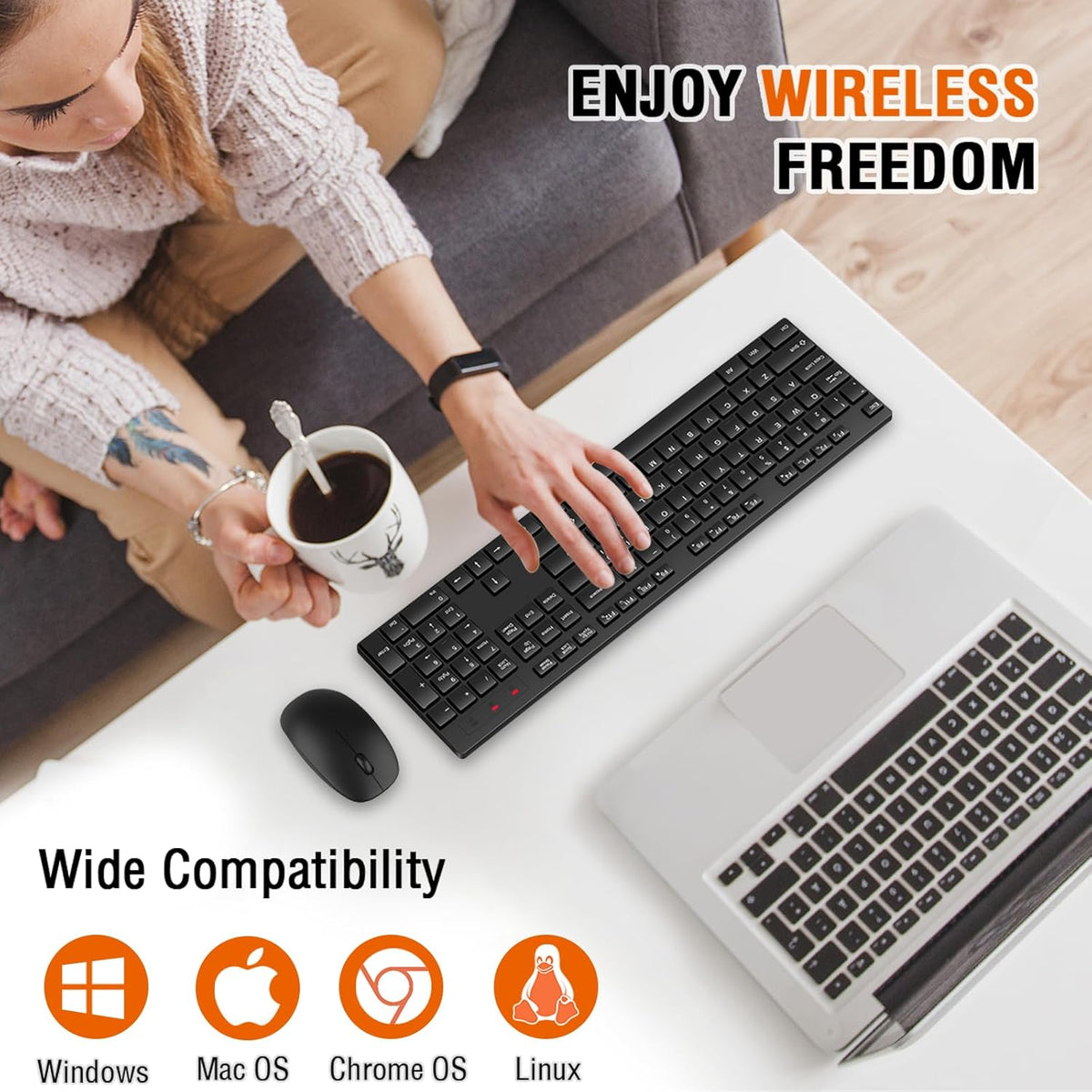 Wireless Keyboard and Mouse Combo, EDJO Silent Full Size Cordless USB Keyboard Mouse, 2.4GHz Lag-Free, Long Battery Life, for Computer (Black, 1 Pack)