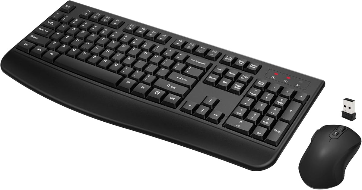 Wireless Keyboard and Mouse Combo, Full-Sized 2.4GHz Wireless Keyboard with Comfortable Palm Rest and Optical Wireless Mouse for Windows (Black)