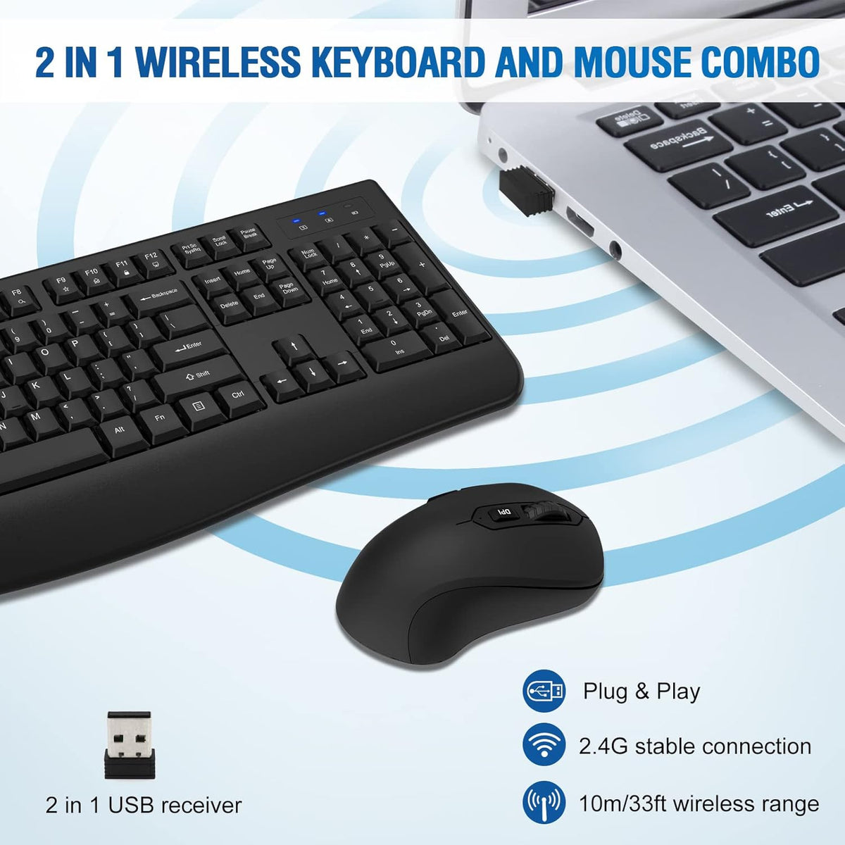 Wireless Keyboard and Mouse Combo, Full-Sized 2.4GHz Wireless Keyboard with Comfortable Palm Rest and Optical Wireless Mouse for Windows (Black)