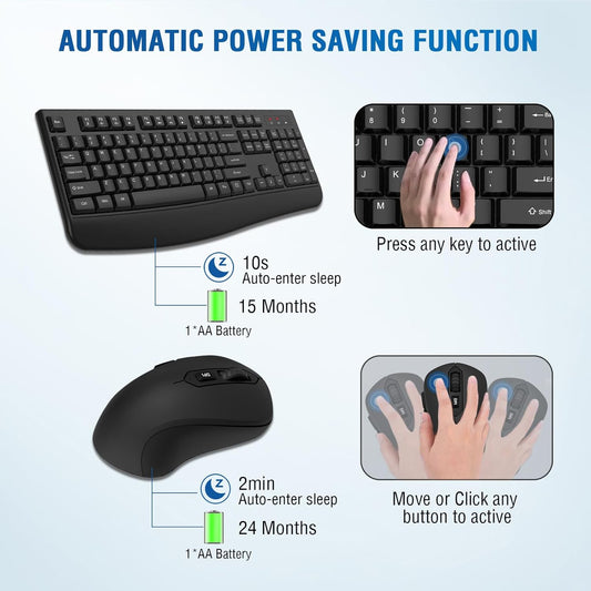 Wireless Keyboard and Mouse Combo, Full-Sized 2.4GHz Wireless Keyboard with Comfortable Palm Rest and Optical Wireless Mouse for Windows (Black)