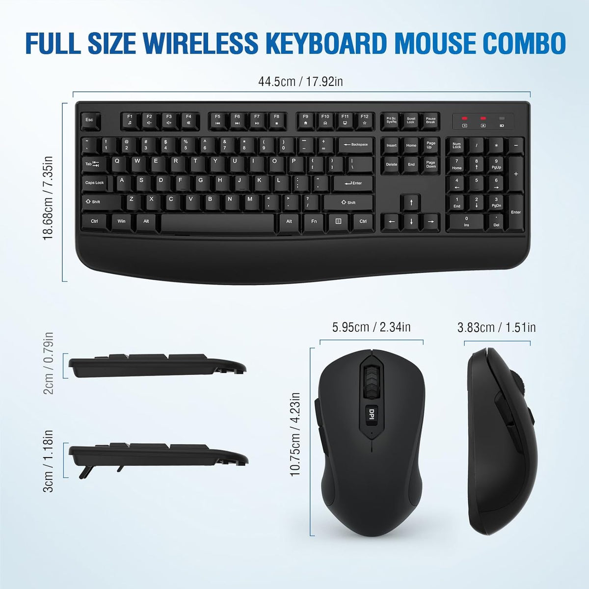 Wireless Keyboard and Mouse Combo, Full-Sized 2.4GHz Wireless Keyboard with Comfortable Palm Rest and Optical Wireless Mouse for Windows (Black)