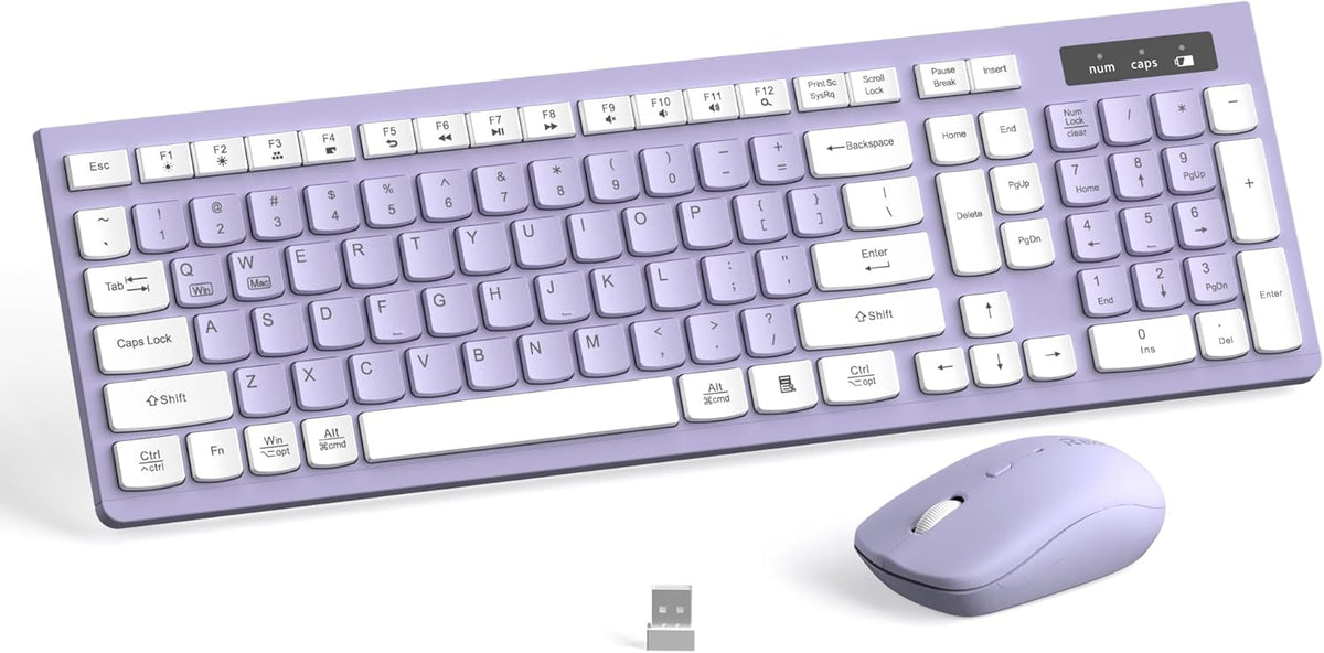 Wireless Keyboard and Mouse Combo, Full-Sized Wireless Keyboard and Adjustable DPI Mouse, 2.4GHz USB Receiver, Silent Keyboard and Mouse (Purple)