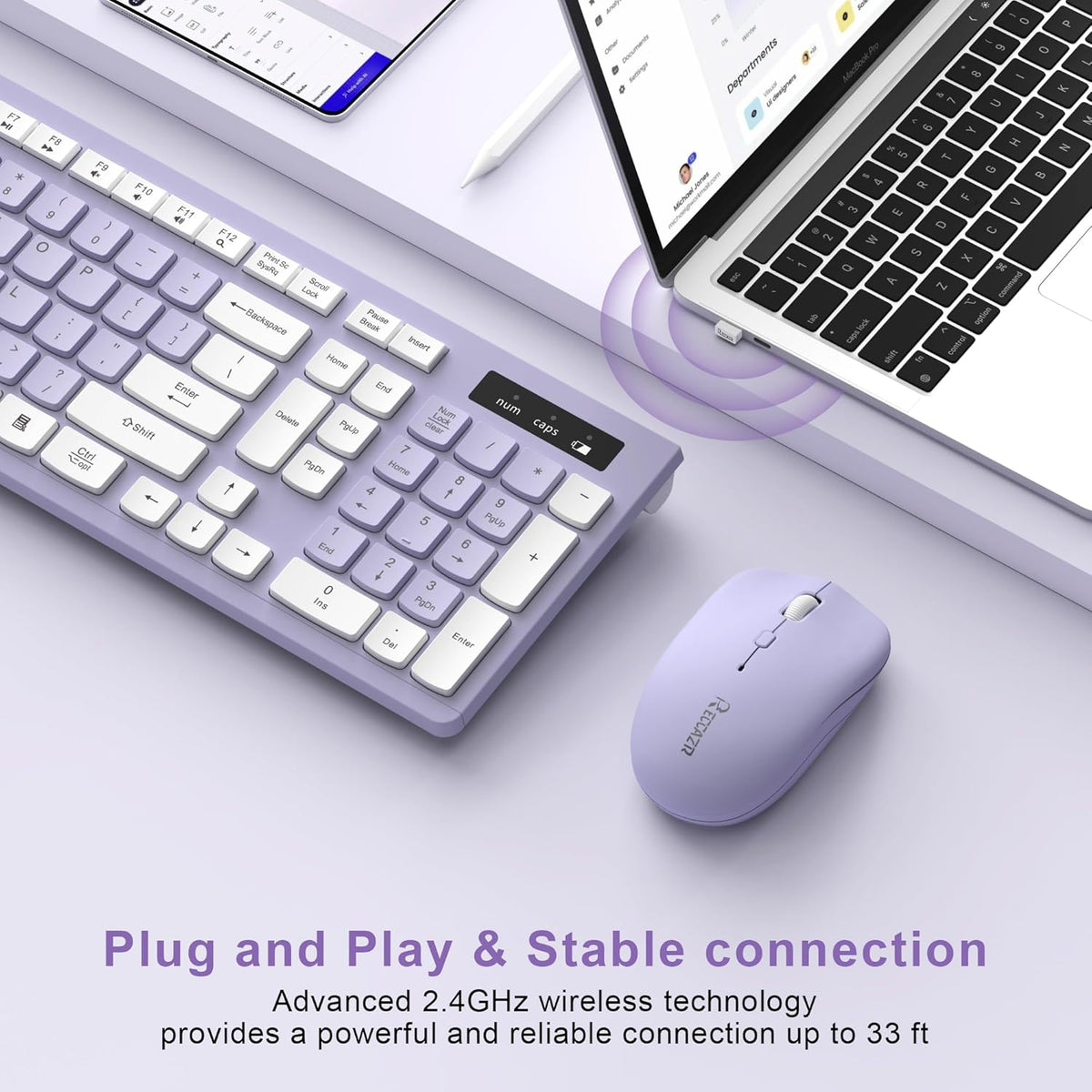 Wireless Keyboard and Mouse Combo, Full-Sized Wireless Keyboard and Adjustable DPI Mouse, 2.4GHz USB Receiver, Silent Keyboard and Mouse (Purple)