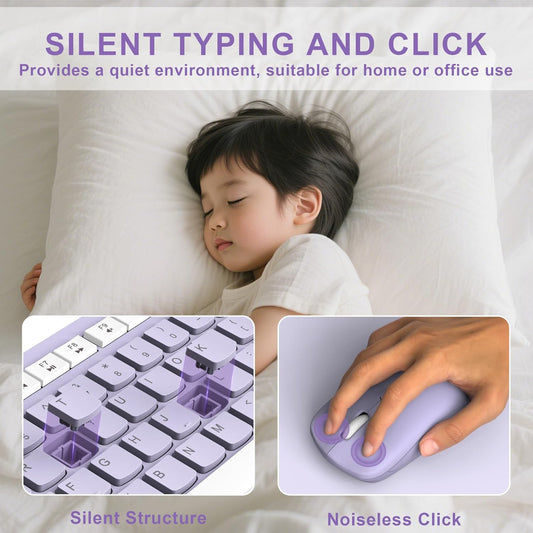 Wireless Keyboard and Mouse Combo, Full-Sized Wireless Keyboard and Adjustable DPI Mouse, 2.4GHz USB Receiver, Silent Keyboard and Mouse (Purple)