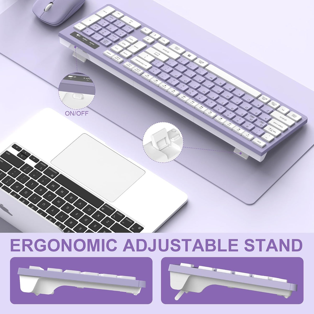 Wireless Keyboard and Mouse Combo, Full-Sized Wireless Keyboard and Adjustable DPI Mouse, 2.4GHz USB Receiver, Silent Keyboard and Mouse (Purple)