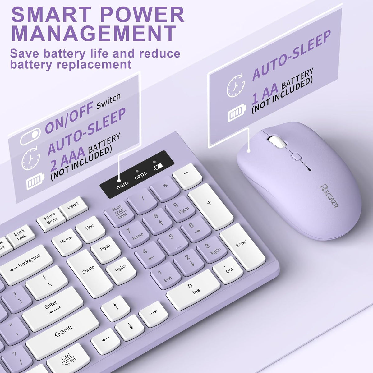 Wireless Keyboard and Mouse Combo, Full-Sized Wireless Keyboard and Adjustable DPI Mouse, 2.4GHz USB Receiver, Silent Keyboard and Mouse (Purple)