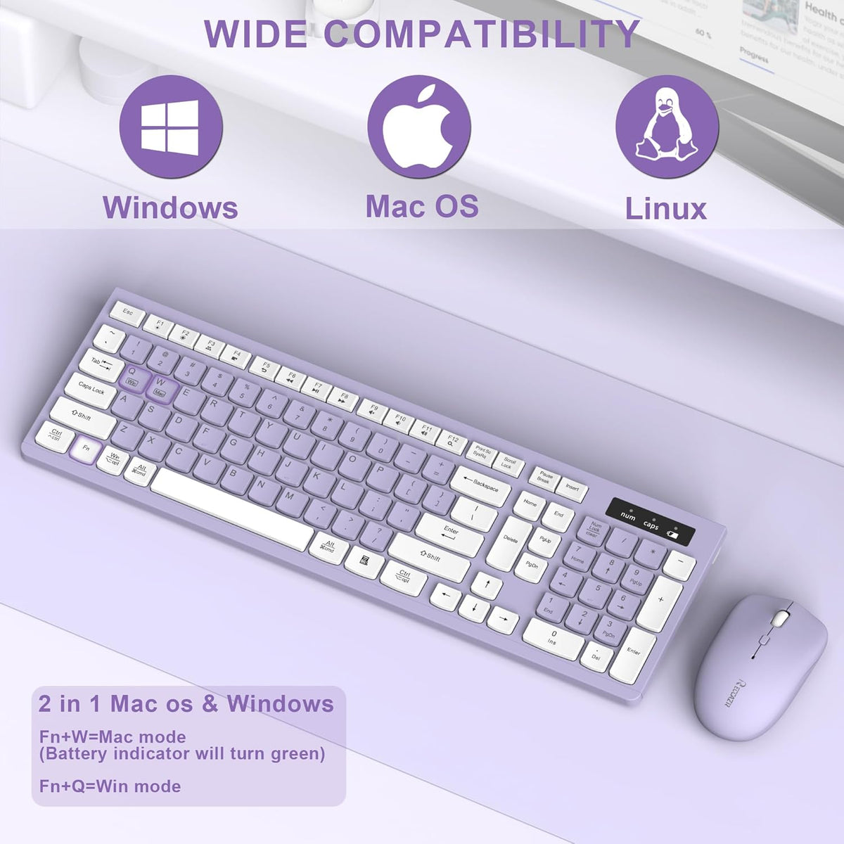 Wireless Keyboard and Mouse Combo, Full-Sized Wireless Keyboard and Adjustable DPI Mouse, 2.4GHz USB Receiver, Silent Keyboard and Mouse (Purple)