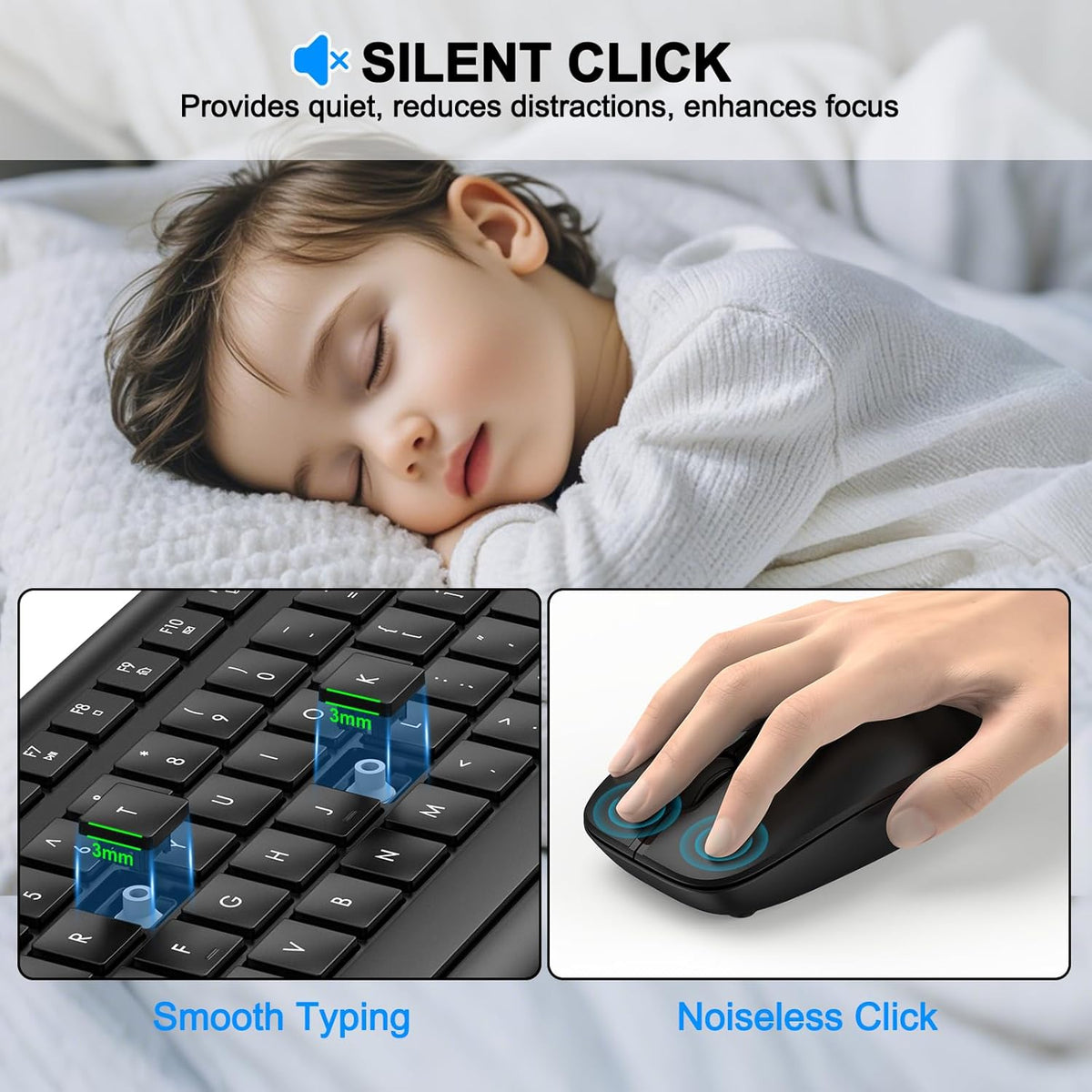 Wireless Keyboard and Mouse Combo, Full Size Silent Ergonomic Keyboard and Mouse, Long Battery Life, Optical Mouse