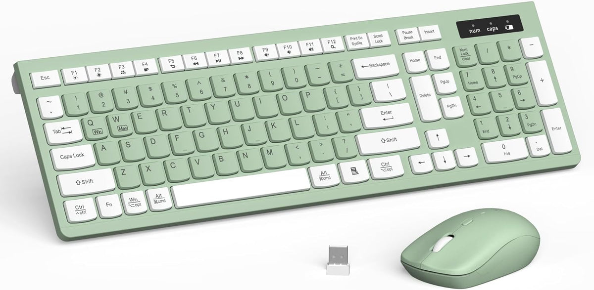 Wireless Keyboard and Mouse Combo, Full-Sized Wireless Keyboard and Adjustable DPI Mouse, 2.4GHz USB Receiver, Silent Keyboard (Avocado Green)