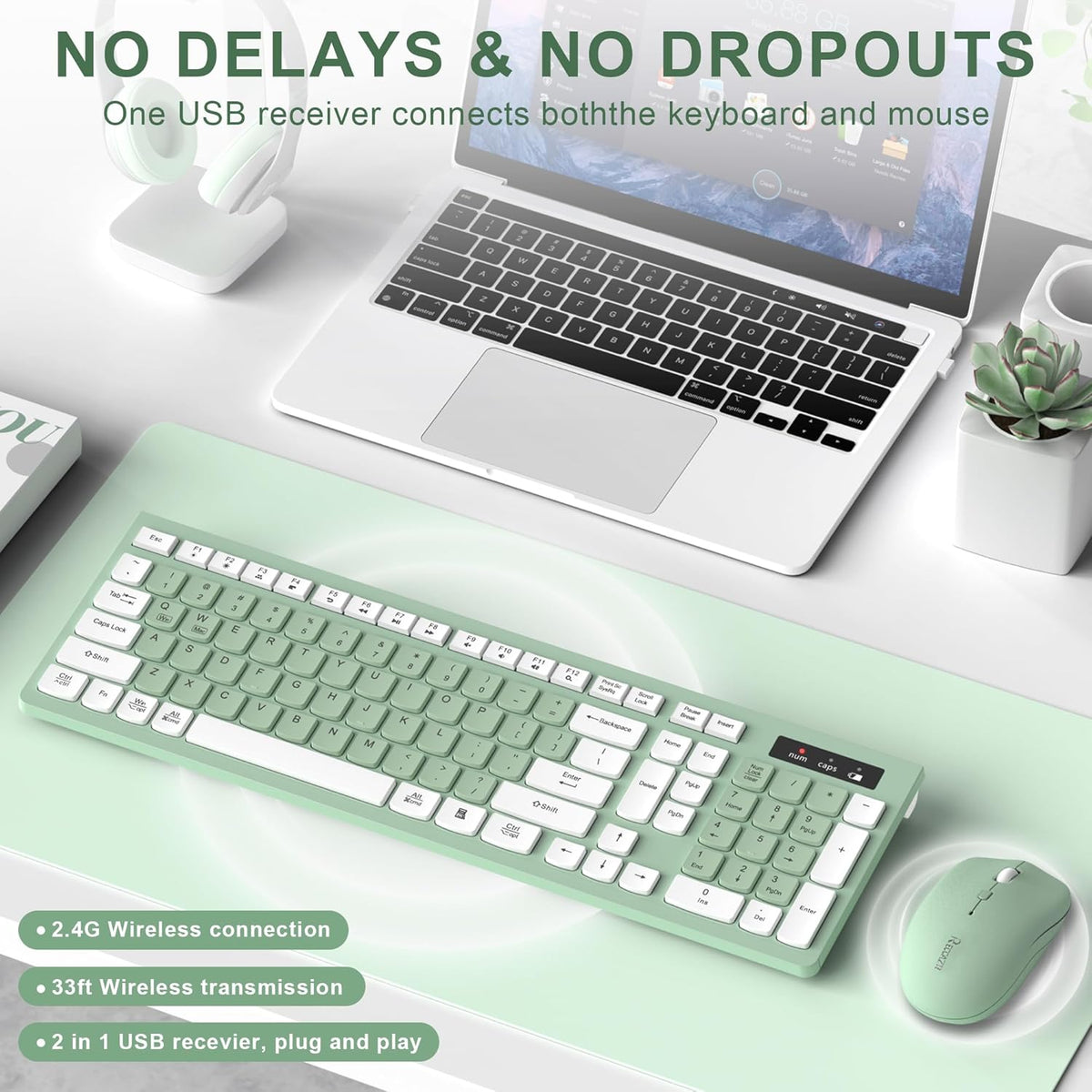 Wireless Keyboard and Mouse Combo, Full-Sized Wireless Keyboard and Adjustable DPI Mouse, 2.4GHz USB Receiver, Silent Keyboard (Avocado Green)