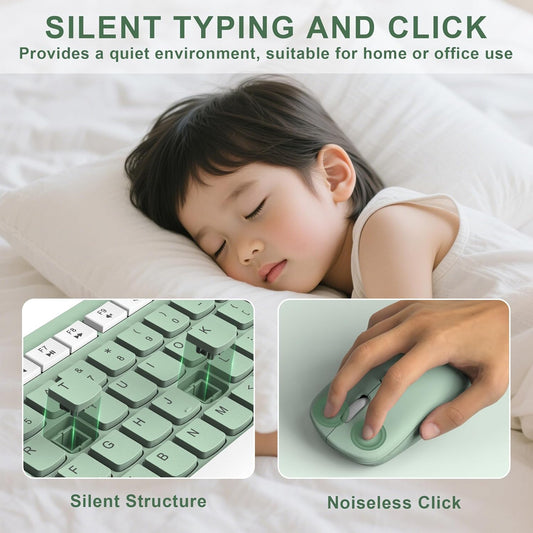 Wireless Keyboard and Mouse Combo, Full-Sized Wireless Keyboard and Adjustable DPI Mouse, 2.4GHz USB Receiver, Silent Keyboard (Avocado Green)