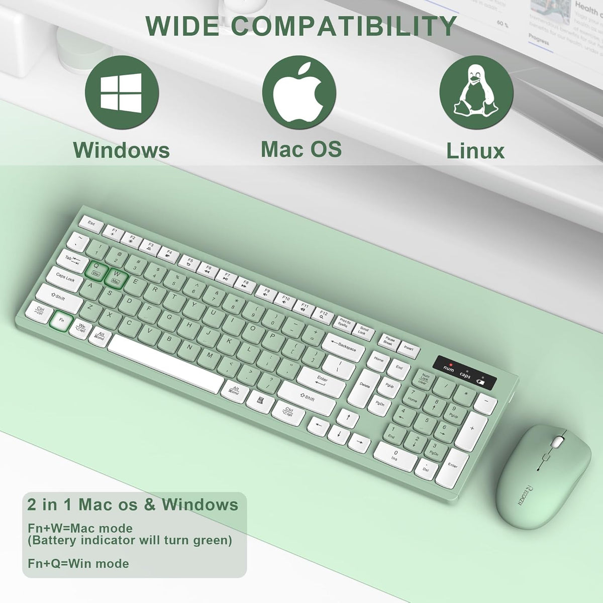 Wireless Keyboard and Mouse Combo, Full-Sized Wireless Keyboard and Adjustable DPI Mouse, 2.4GHz USB Receiver, Silent Keyboard (Avocado Green)