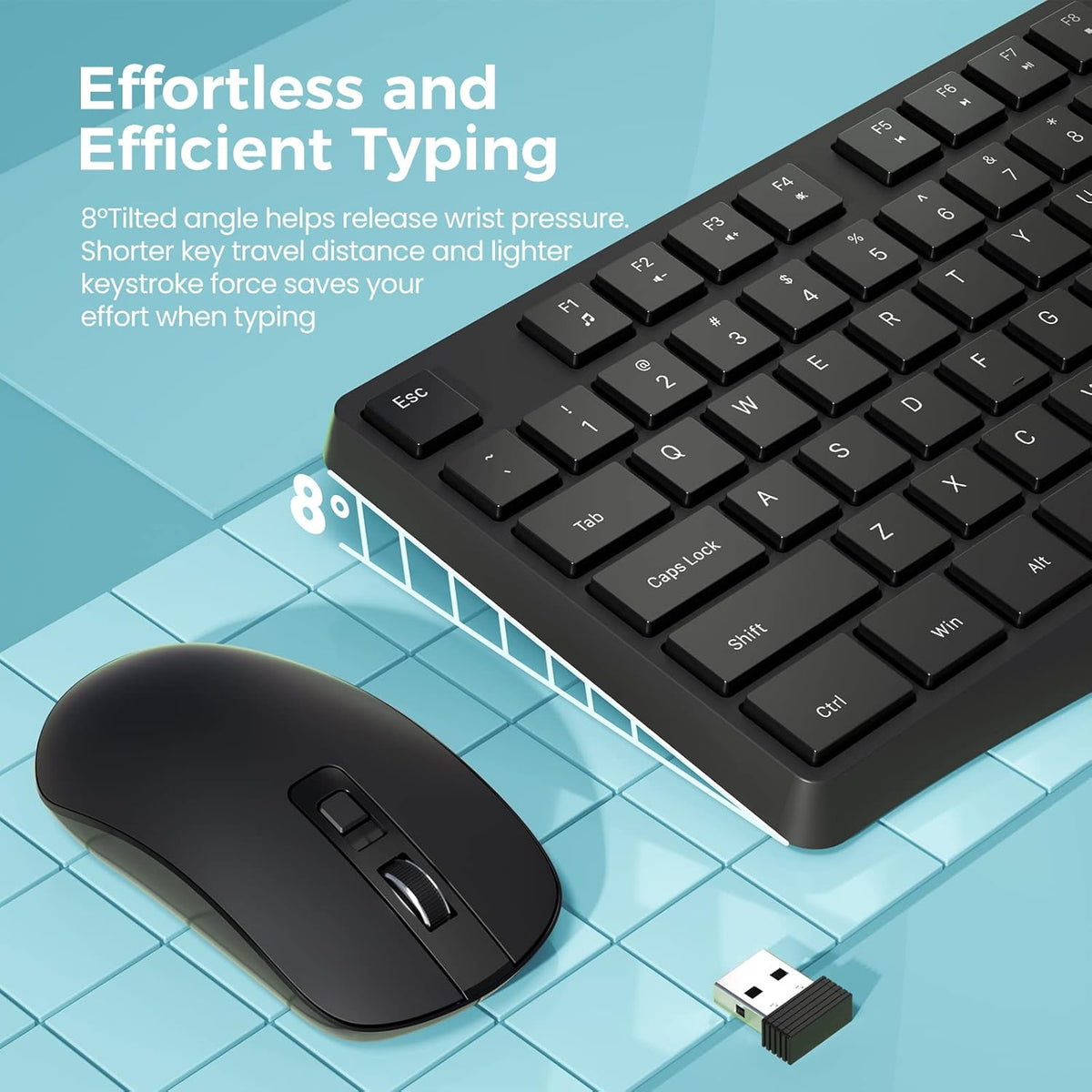 Wireless Keyboard and Mouse Combo, Lovaky 2.4G Full-Sized Ergonomic Keyboard Mouse, 3 DPI Adjustable Cordless USB Keyboard and Mouse (1 Pack, Black)