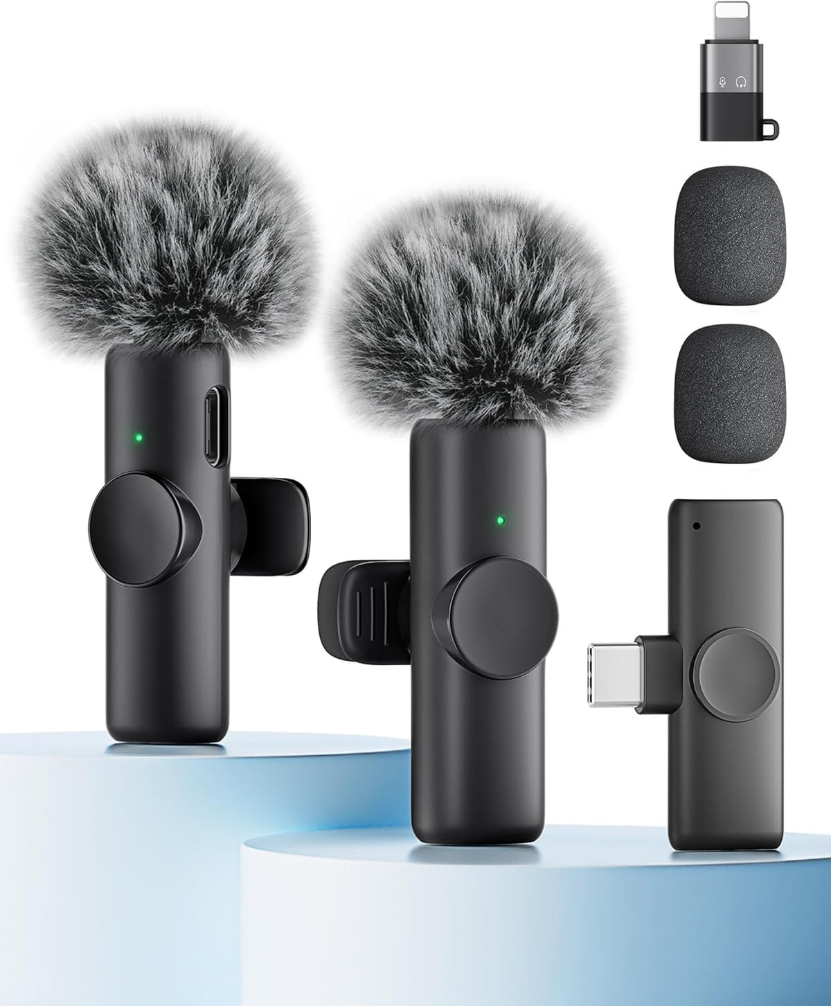 Wireless Microphone for iPhone iPad and Android Phone, 2 Pack Wireless Lavalier Lapel Mic with Noise Reduction, Plug and Play Mini Microphone