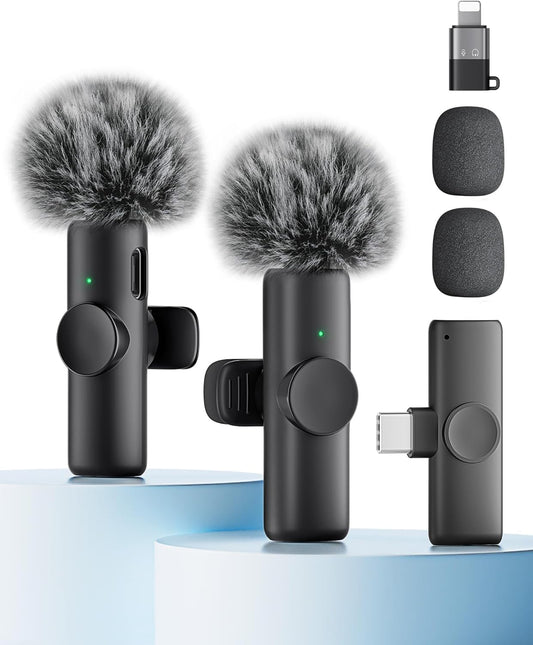 Wireless Microphone for iPhone iPad and Android Phone, 2 Pack Wireless Lavalier Lapel Mic with Noise Reduction, Plug and Play Mini Microphone