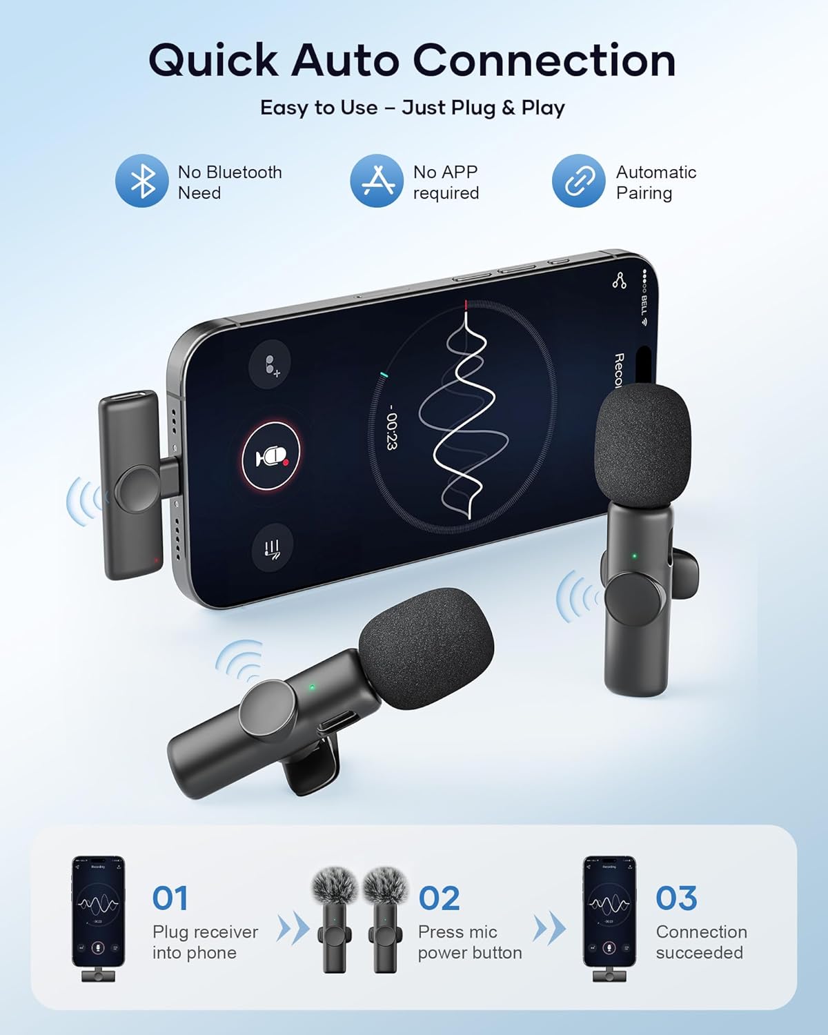 Wireless Microphone for iPhone iPad and Android Phone, 2 Pack Wireless Lavalier Lapel Mic with Noise Reduction, Plug and Play Mini Microphone