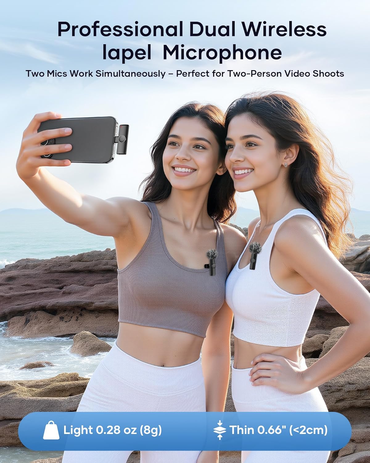 Wireless Microphone for iPhone iPad and Android Phone, 2 Pack Wireless Lavalier Lapel Mic with Noise Reduction, Plug and Play Mini Microphone