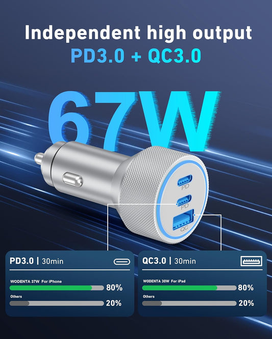 WODENTA for iPhone 17/16/15 Pro Max Car Charger, 67W 3-Port Fast USB C Car Charger Power Cigarette Lighter Adapter with 3FT USB C to C Cable