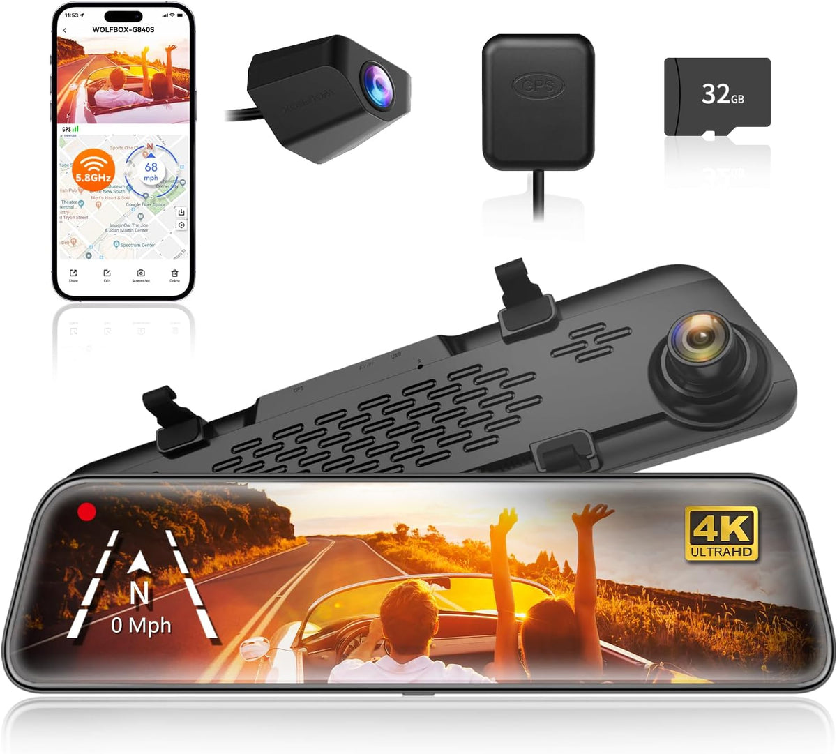 WOLFBOX G840S 12" 4K Mirror Dash Cam Backup Camera, 5.8GHz WiFi Smart Rearview Mirror for Cars & Trucks, Front and Rear View Dual Cameras