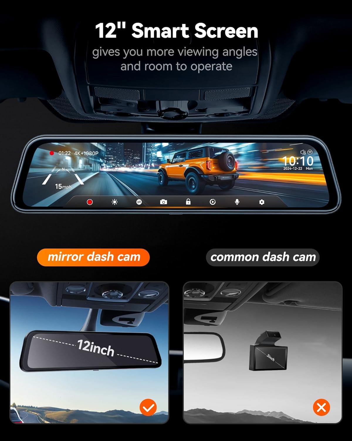 WOLFBOX G840S 12" 4K Mirror Dash Cam Backup Camera, 5.8GHz WiFi Smart Rearview Mirror for Cars & Trucks, Front and Rear View Dual Cameras