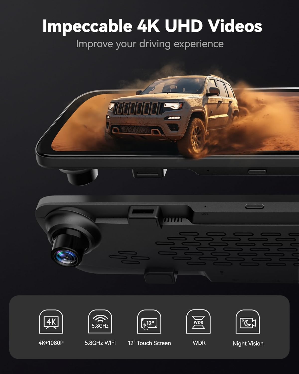 WOLFBOX G840S 12" 4K Mirror Dash Cam Backup Camera, 5.8GHz WiFi Smart Rearview Mirror for Cars & Trucks, Front and Rear View Dual Cameras