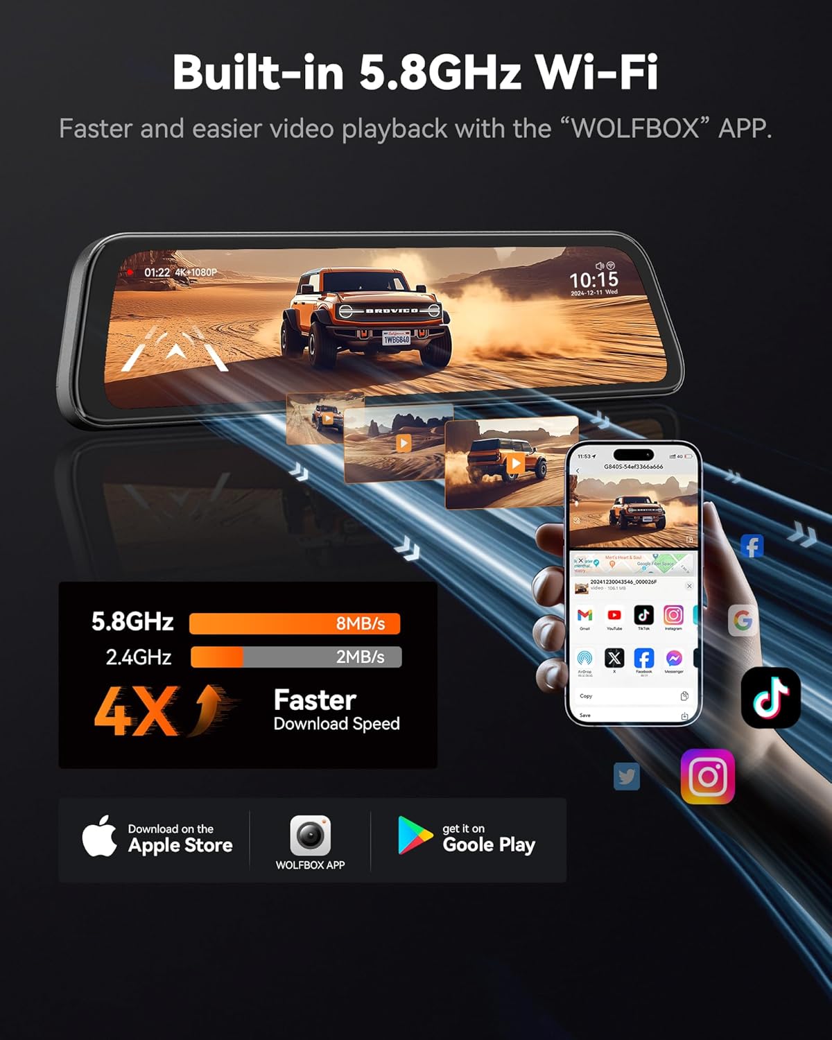 WOLFBOX G840S 12" 4K Mirror Dash Cam Backup Camera, 5.8GHz WiFi Smart Rearview Mirror for Cars & Trucks, Front and Rear View Dual Cameras
