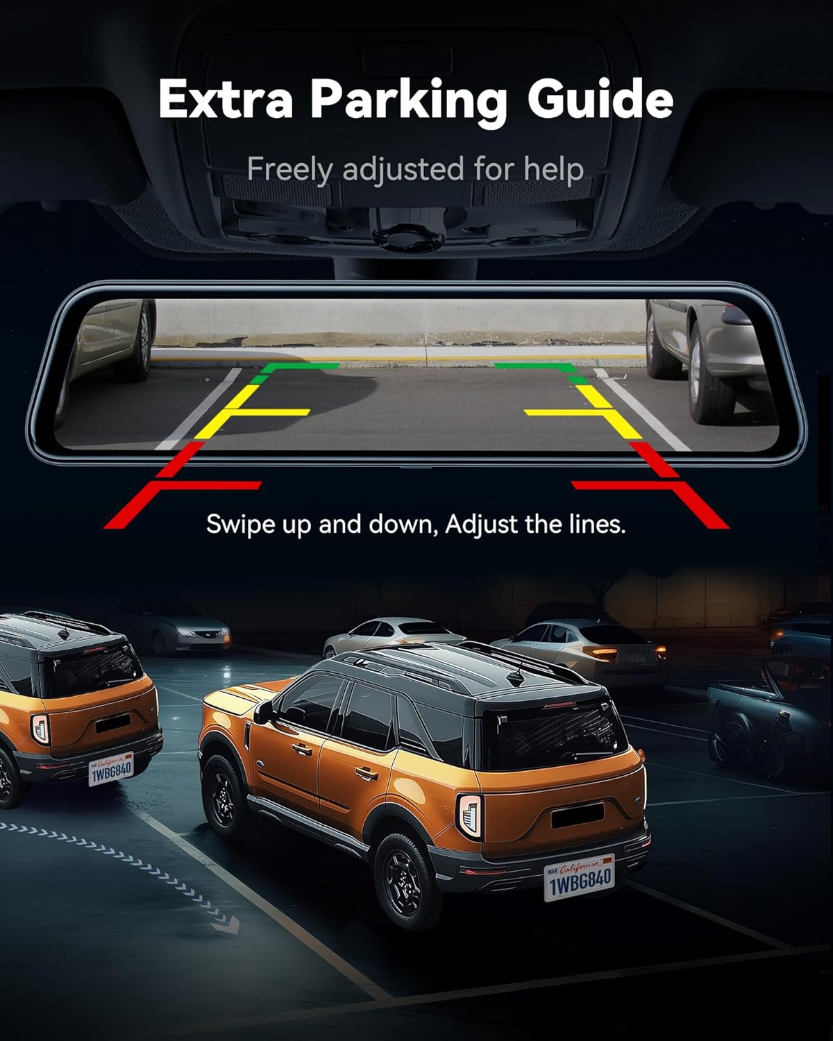 WOLFBOX G840S 12" 4K Mirror Dash Cam Backup Camera, 5.8GHz WiFi Smart Rearview Mirror for Cars & Trucks, Front and Rear View Dual Cameras