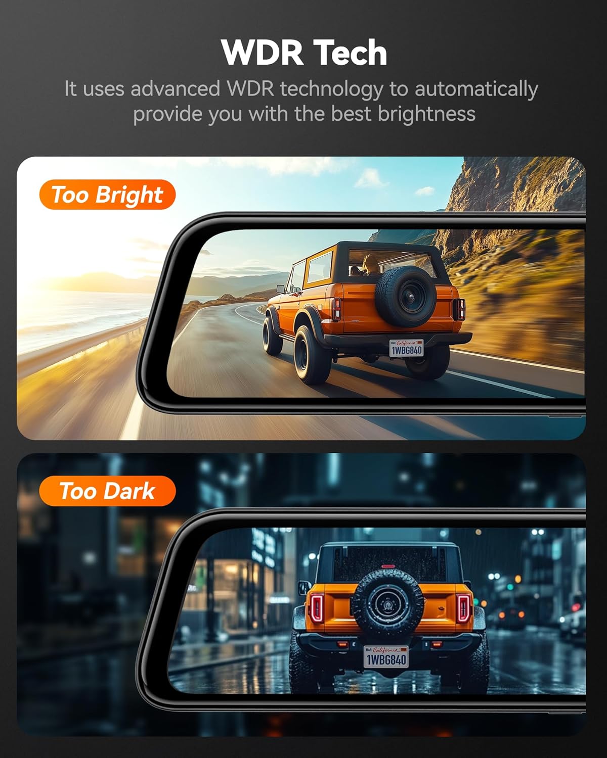 WOLFBOX G840S 12" 4K Mirror Dash Cam Backup Camera, 5.8GHz WiFi Smart Rearview Mirror for Cars & Trucks, Front and Rear View Dual Cameras