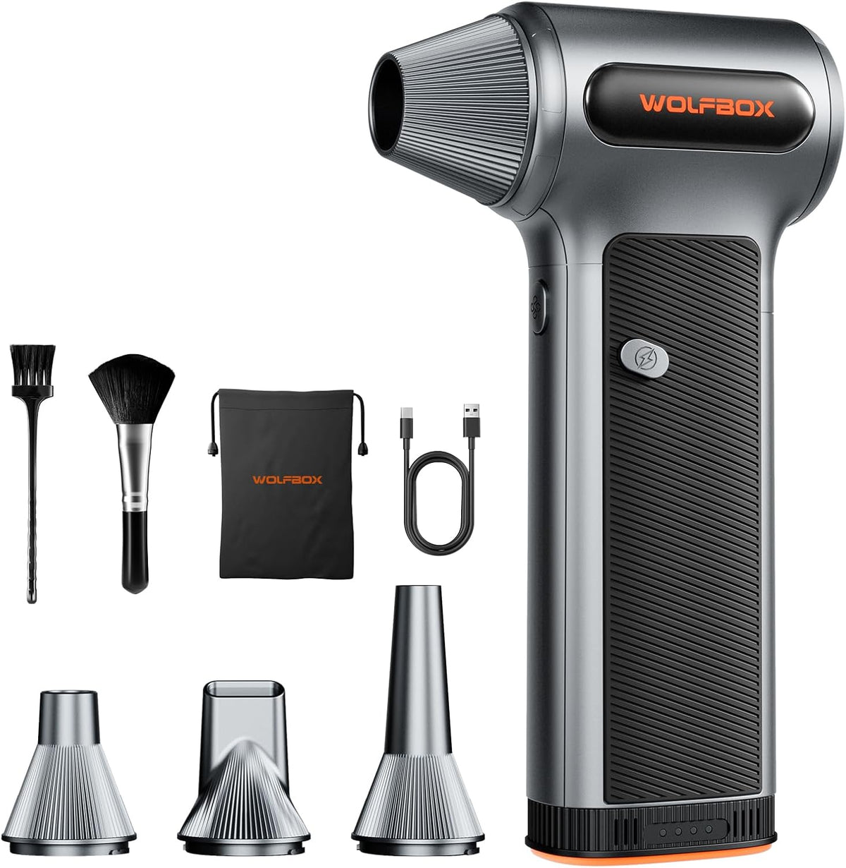 WOLFBOX MF200 Compressed Air Duster with Removable Battery & 4 Nozzles, Cordless 3-Speed Adjustable Mini Blower for Computer Keyboard, Car Cleaning
