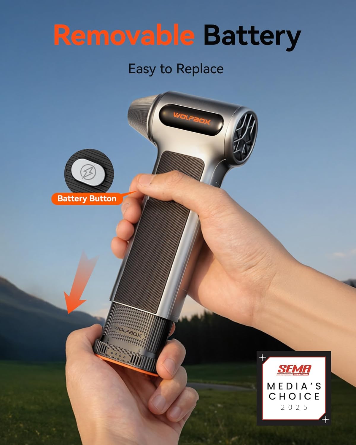 WOLFBOX MF200 Compressed Air Duster with Removable Battery & 4 Nozzles, Cordless 3-Speed Adjustable Mini Blower for Computer Keyboard, Car Cleaning