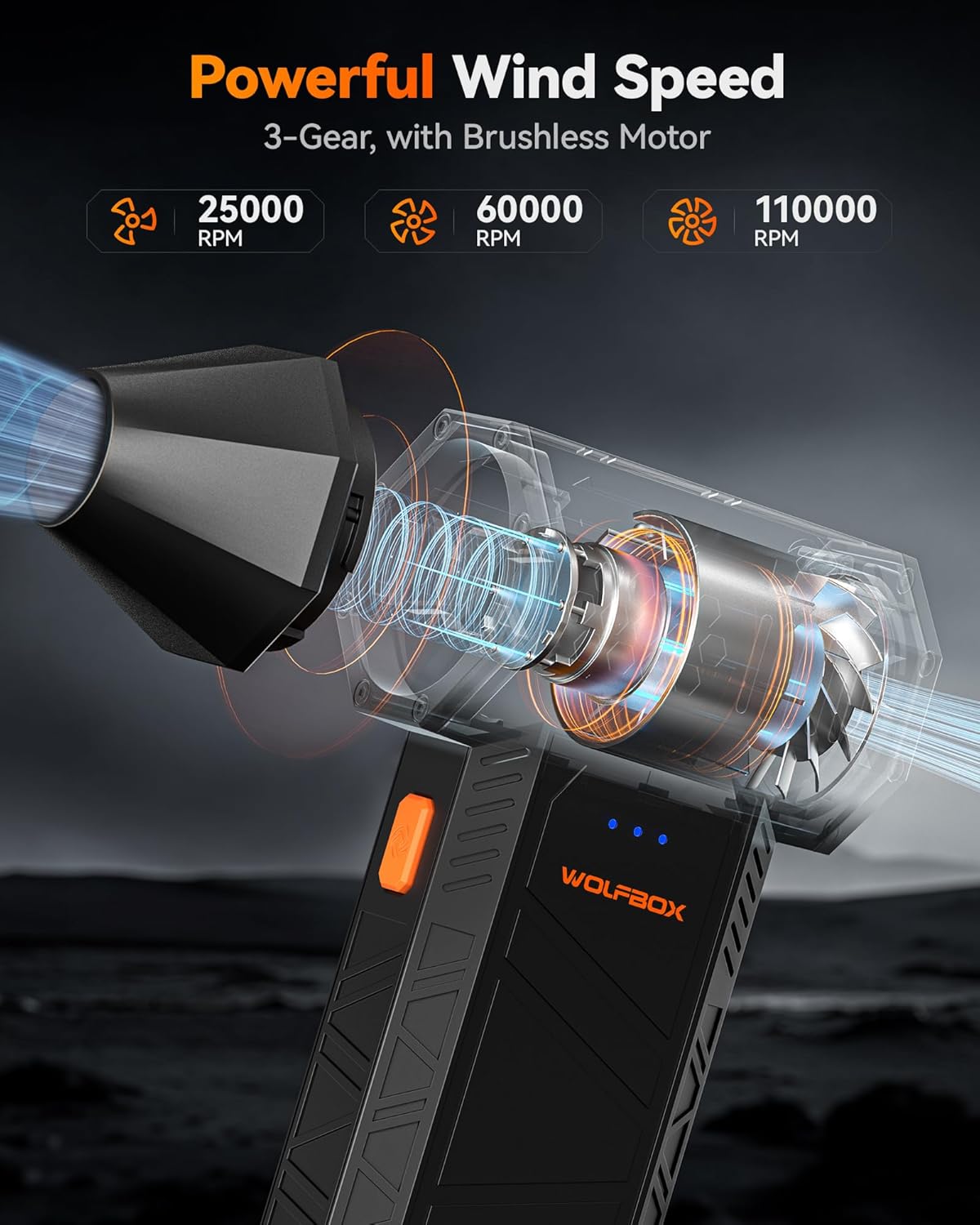 WOLFBOX MF50 Compressed Air Duster-110000RPM Super Power Electric Air Duster, 3-Gear Adjustable Mini Blower with Fast Charging
