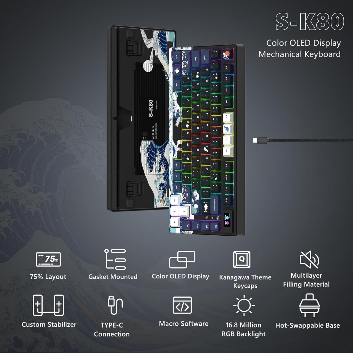 Womier SK80 75% Keyboard with Color Multimedia Display Mechanical Gaming Keyboard Creamy Sound, Wired Hot Swappable Gasket Mount RGB Custom Key Board