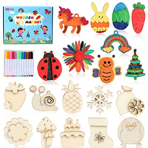 Worgree DIY Wooden Magnets, 36 pcs Wooden Art Craft Supplies Painting Kit for Kids Party Favors