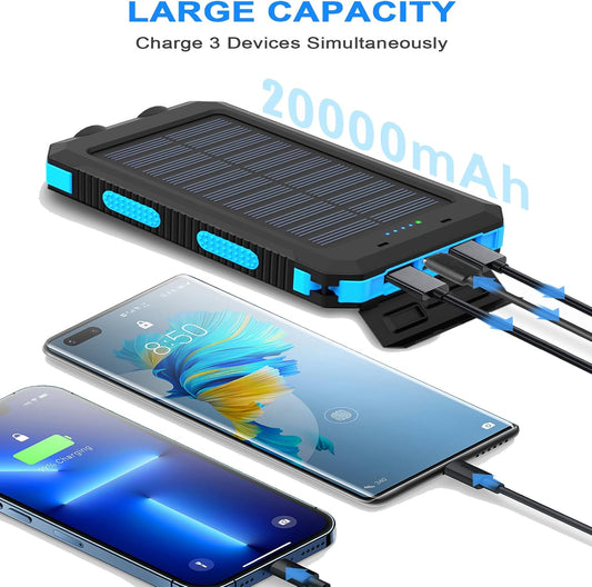 YELOMIN Solar Charger, 20000mAh Portable Type-C Solar Power Bank with 4 Cables, Waterproof Battery Pack