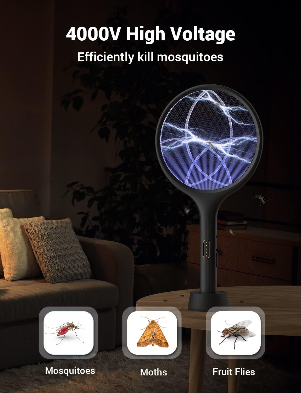 YISSVIC Electric Fly Swatter 4000V Bug Zapper Racket Dual Modes Mosquito Killer with Purple Mosquito Light Rechargeable (Black-1 Pack)