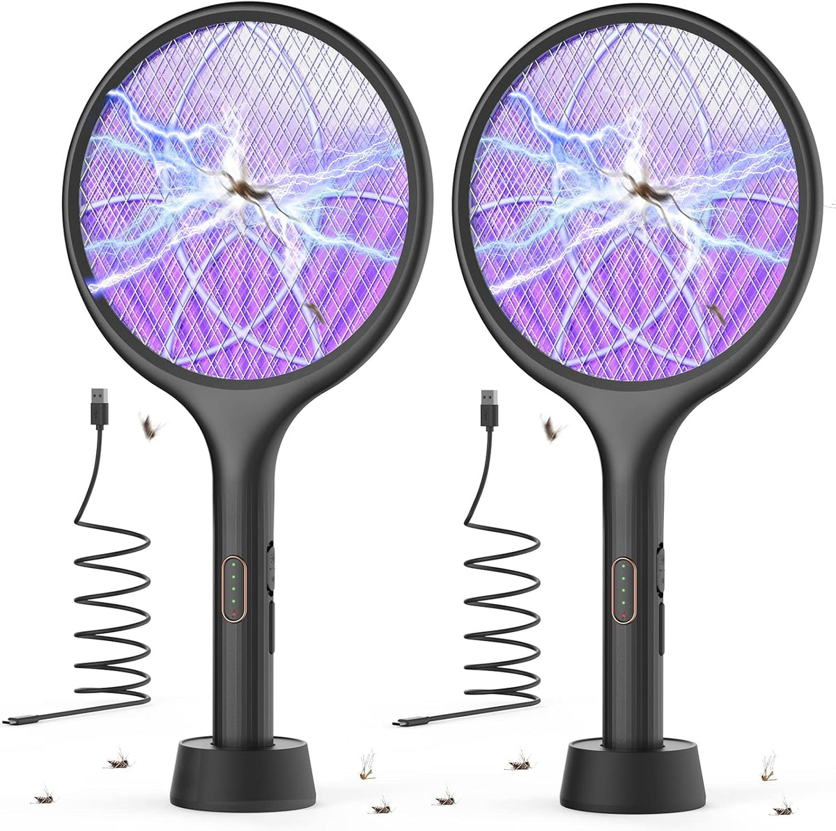 YISSVIC Electric Fly Swatter Bug Zapper Racket Dual Modes Mosquito Killer with Purple Mosquito Light Rechargeable (Black 2 Pack)