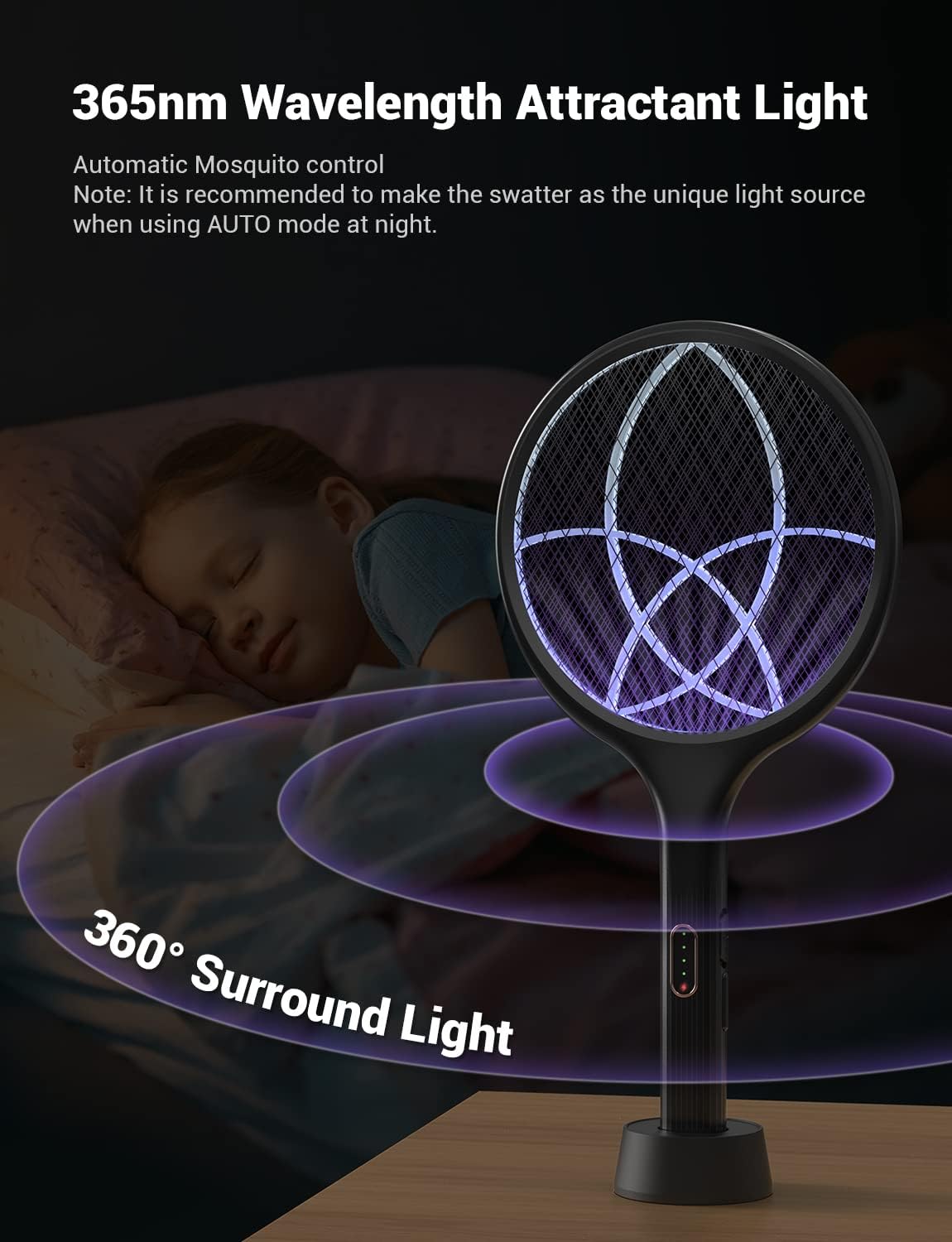 YISSVIC Electric Fly Swatter Bug Zapper Racket Dual Modes Mosquito Killer with Purple Mosquito Light Rechargeable (Black 2 Pack)