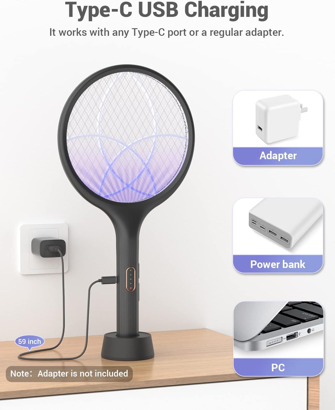 YISSVIC Electric Fly Swatter Bug Zapper Racket Dual Modes Mosquito Killer with Purple Mosquito Light Rechargeable (Black 2 Pack)