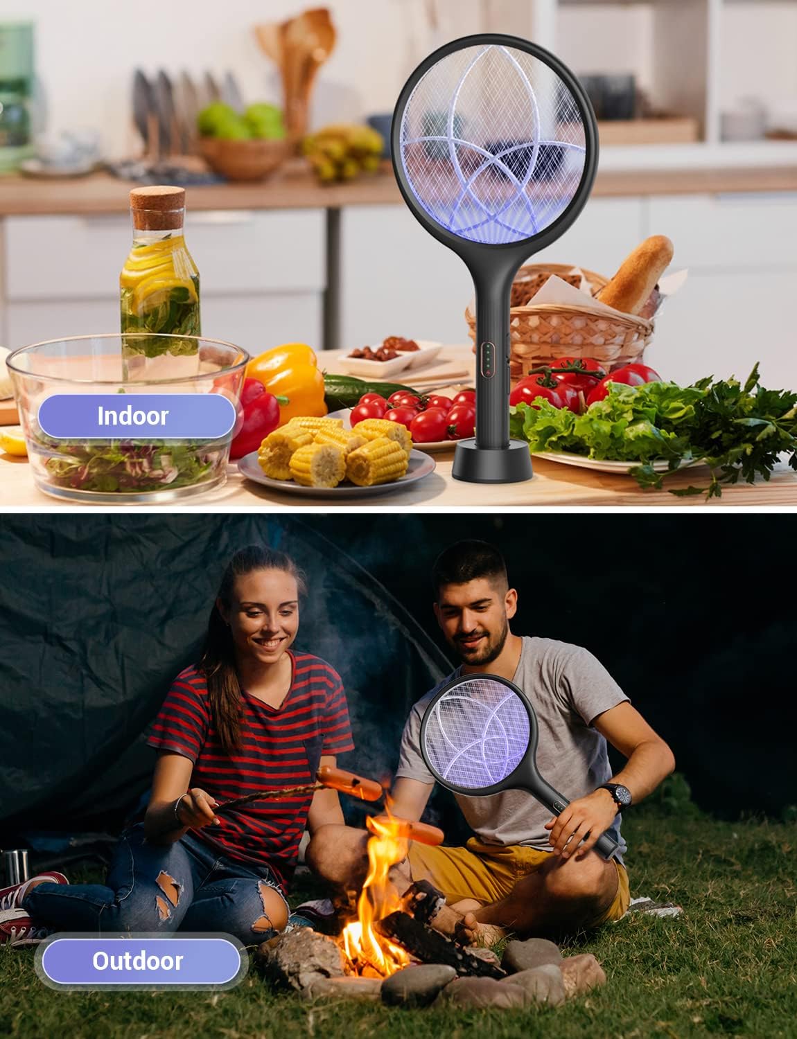 YISSVIC Electric Fly Swatter Bug Zapper Racket Dual Modes Mosquito Killer with Purple Mosquito Light Rechargeable (Black 2 Pack)