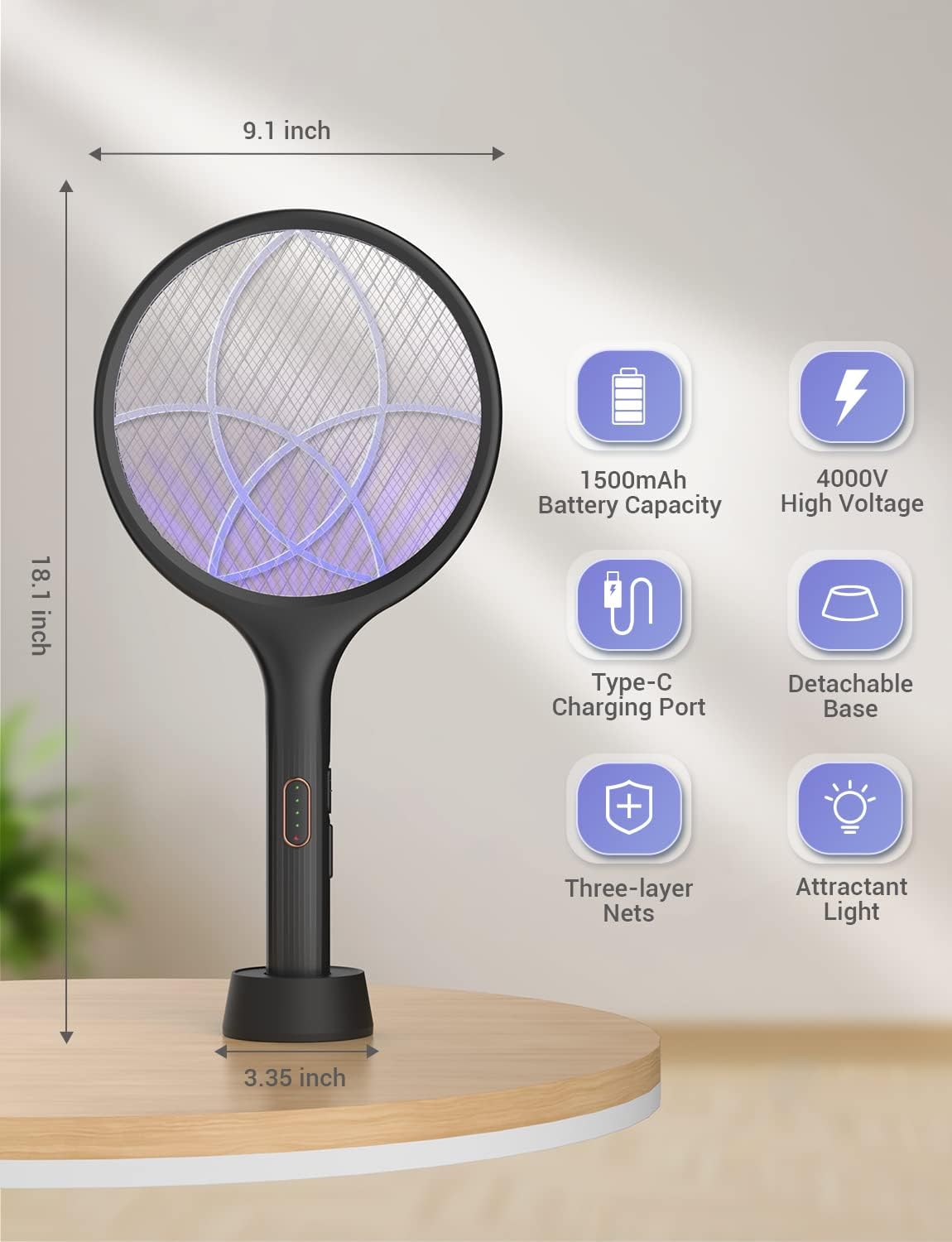 YISSVIC Electric Fly Swatter Bug Zapper Racket Dual Modes Mosquito Killer with Purple Mosquito Light Rechargeable (Black 2 Pack)