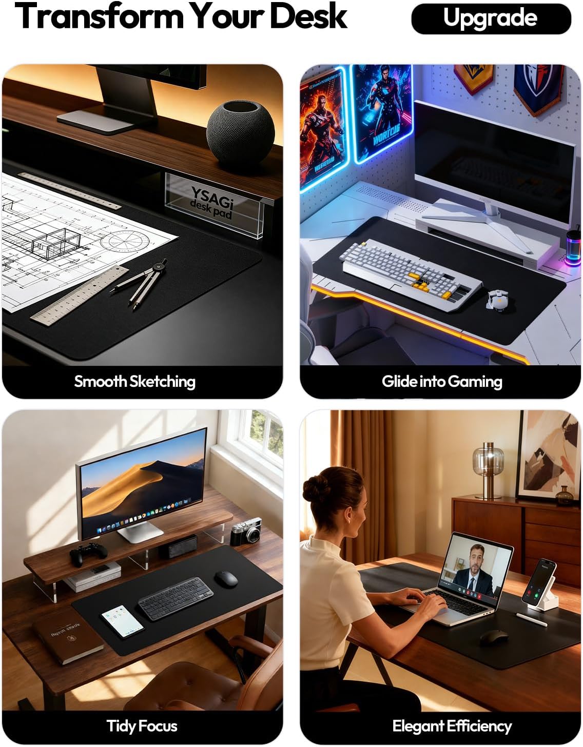 YSAGi Leather Office Desk Pad Protector, Large Mouse Pad, Non-Slip, PU Leather, Laptop Desk Blotter, Waterproof Writing Pad for Office and Home, Black