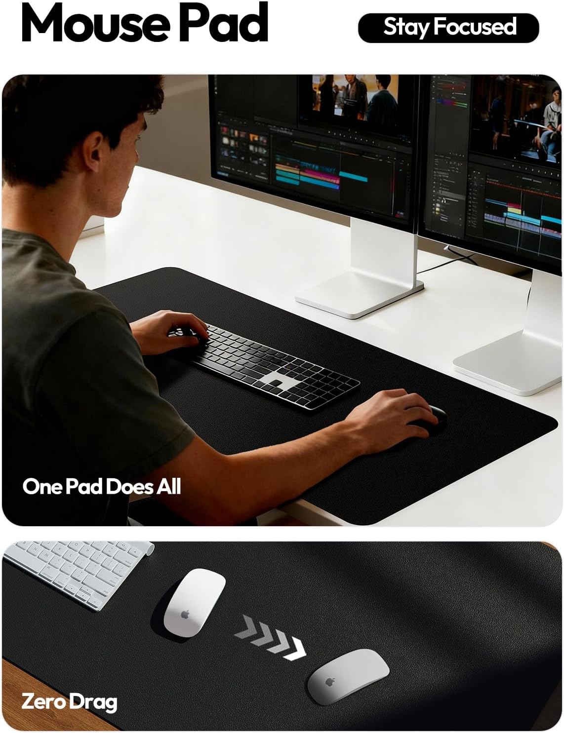 YSAGi Leather Office Desk Pad Protector, Large Mouse Pad, Non-Slip, PU Leather, Laptop Desk Blotter, Waterproof Writing Pad for Office and Home, Black