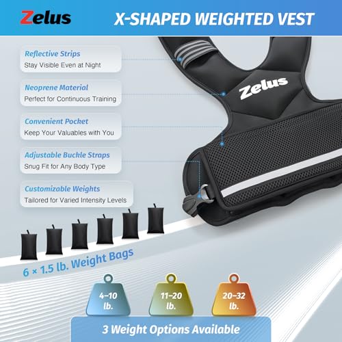 ZELUS Weighted Vest for Men and Women - 4-10lb/11-20lb/20-32lb Vest with 6 Ironsand Weights for Home Workouts